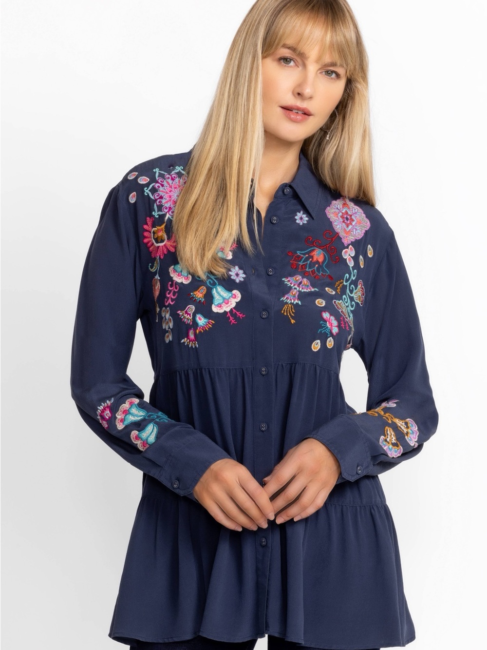 NWT - Johnny Was Navy Alesa Tiered Silk Tunic - Sz Medium - Picture 4 of 11